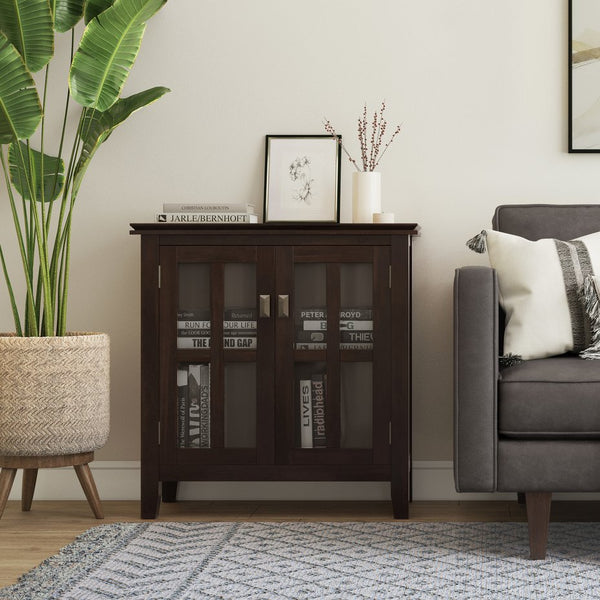 English Elm Artisan Low Storage Cabinet - Handcrafted Tobacco Brown Wood With Glass Doors For Versatile Style B136P158398