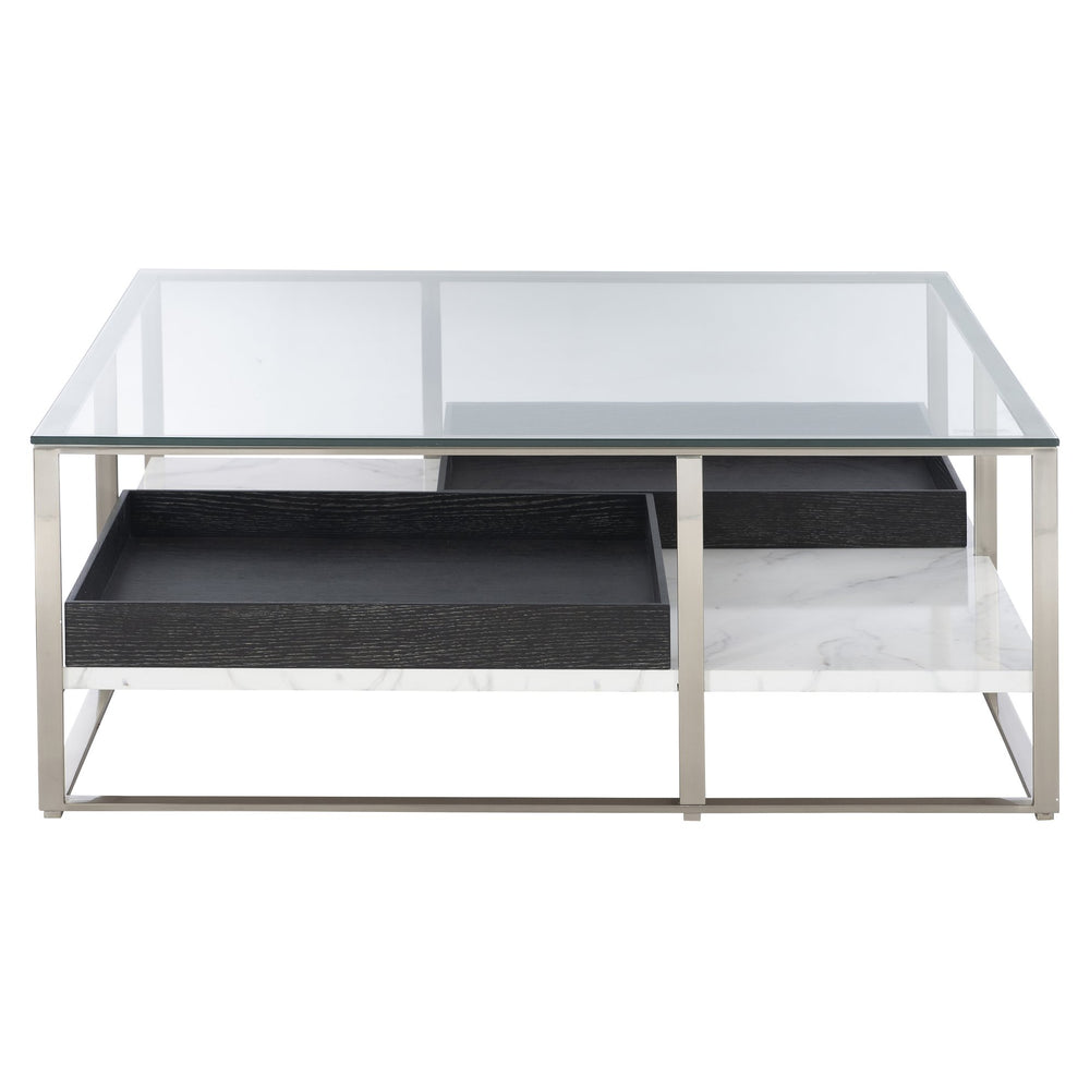 Bernhardt Bernhardt Sculptural Lafayette Cocktail Table With Floating Glass Top, Faux Marble Shelf & Trays 408011