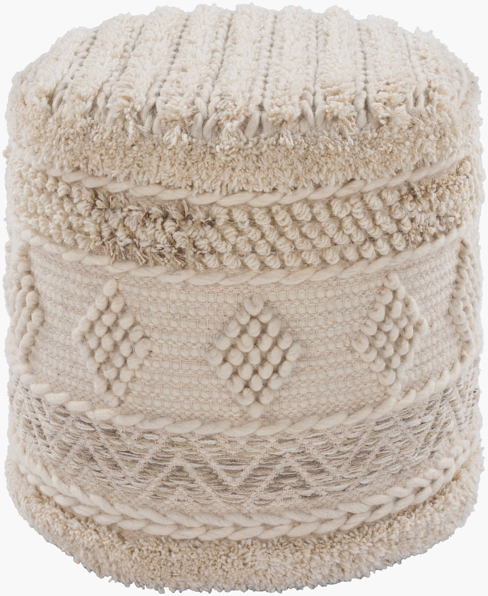 Surya Hilna Modern Woven Pouf - Stylish 16" H X 18" W X 18" D Seating Solution For Home & Office Decor Beige Wool,Polyester,Cotton,Polyester,Polystyrene Block Hnpf001-181816