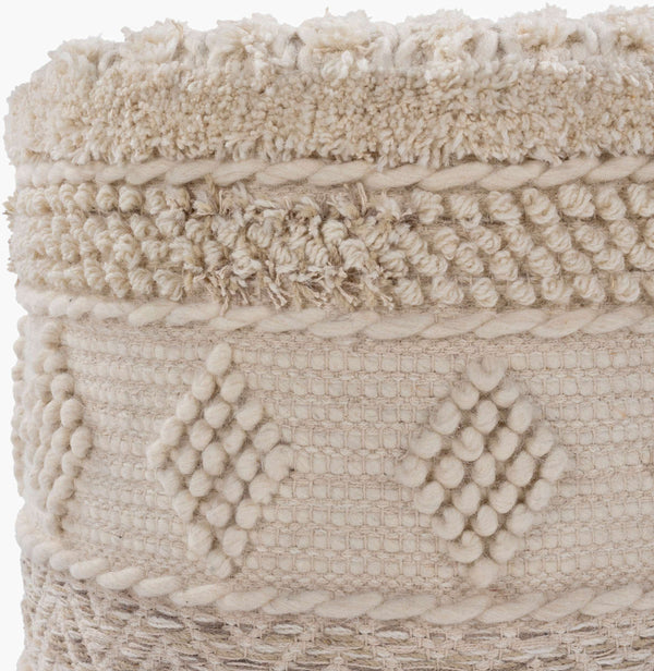 Surya Hilna Modern Woven Pouf - Stylish 16" H X 18" W X 18" D Seating Solution For Home & Office Decor Beige Wool,Polyester,Cotton,Polyester,Polystyrene Block Hnpf001-181816