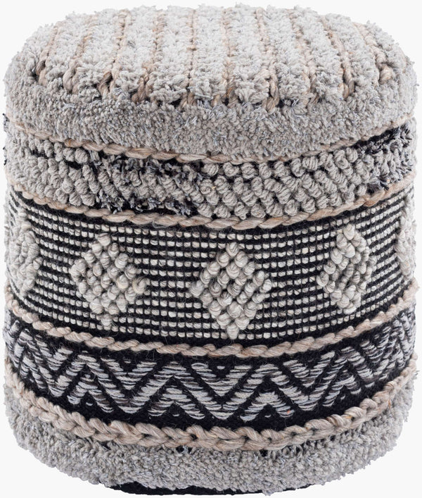 Surya Hilna Modern Woven Pouf - Stylish 16" H X 18" W X 18" D Seating Solution For Home & Office Decor Black Wool,Polyester,Cotton,Polyester,Polystyrene Block Hnpf002-181816