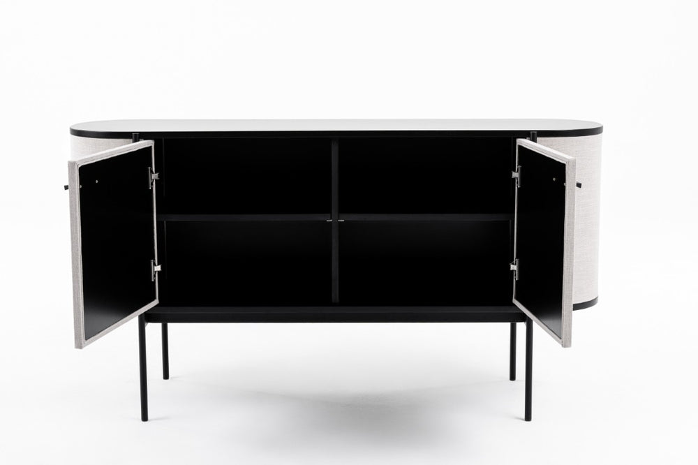 VIG Furniture Hobart Curved Beige Fabric Buffet With Matte Black Round Top & Powder-Coated Metal Legs, 59"W VGDWJ9743--BEI-BUF