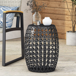 English Elm Metal Barrel End Table Powder Coated Iron Geometric Cut Indoor Outdoor Accent 73609.00BLK