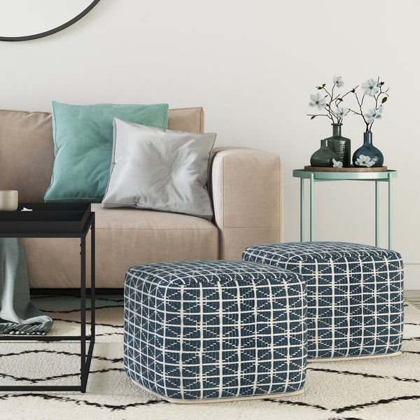 English Elm Noreen Square Pouf Ottoman — Handcrafted Cotton Woven Pattern, Supportive Dense Bead Filling, 18" Blue B136P159330