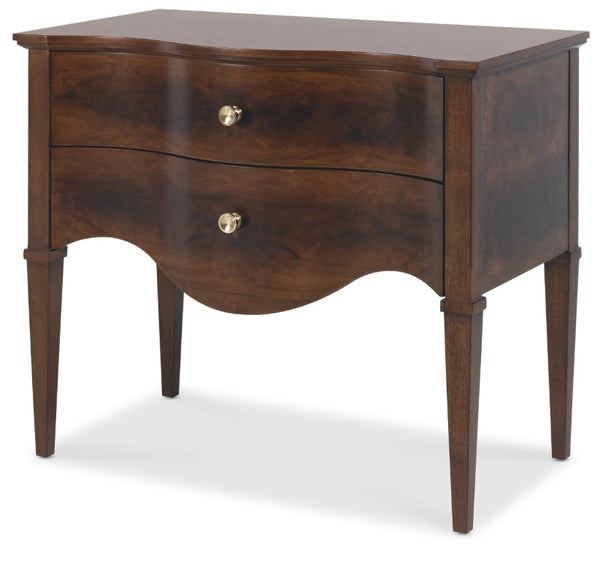 Hooker Furniture Archives Sculpted Two-Drawer Nightstand In Classic Walnut Veneer With Satin Brass Knobs, Timeless Elegance 6123-90116-89
