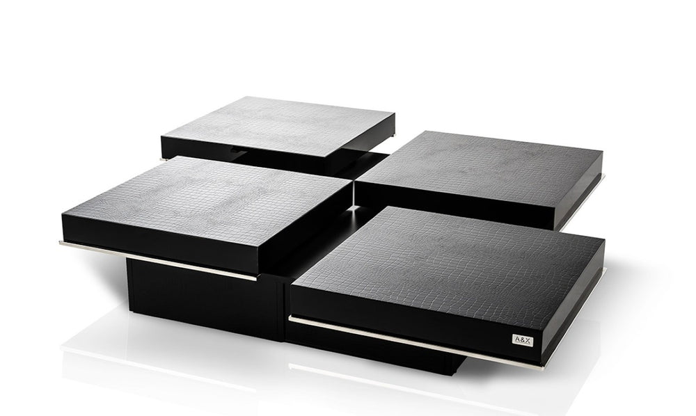 VIG Furniture Horizon Modern Black Crocodile Coffee Table With Hidden Storage, Pull-Out Squares & Stainless Trim VGUNAK856-120C-BLK