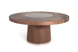 VIG Furniture Houston Walnut Round Dining Table With Mirrored Center, Steel Inlays, Seats 7 — Mid‑Century Elegance VGHB850T-WAL