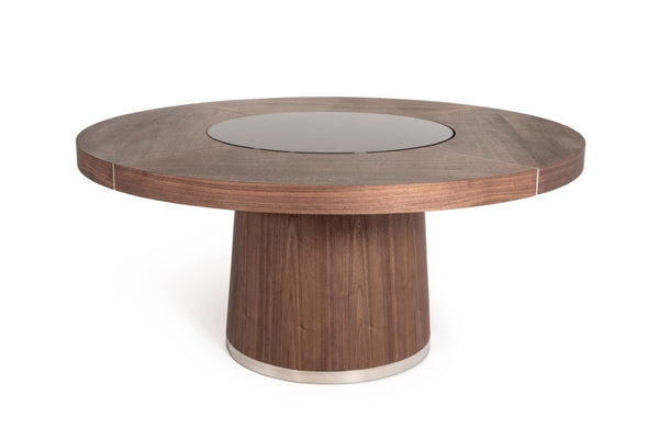 VIG Furniture Houston Walnut Round Dining Table With Mirrored Center, Steel Inlays, Seats 7 — Mid‑Century Elegance VGHB850T-WAL