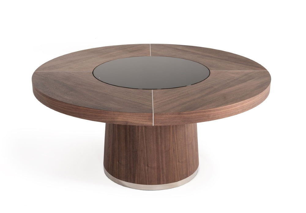 VIG Furniture Houston Walnut Round Dining Table With Mirrored Center, Steel Inlays, Seats 7 — Mid‑Century Elegance VGHB850T-WAL
