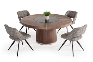 VIG Furniture Houston Walnut Round Dining Table With Mirrored Center, Steel Inlays, Seats 7 — Mid‑Century Elegance VGHB850T-WAL
