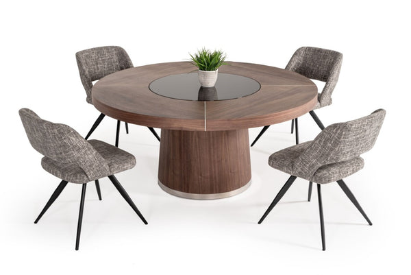 VIG Furniture Houston Walnut Round Dining Table With Mirrored Center, Steel Inlays, Seats 7 — Mid‑Century Elegance VGHB850T-WAL