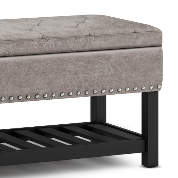 English Elm Lomond Storage Ottoman Bench - Distressed Grey Taupe With Tufting, Hidden Storage & Open Shelf B136P159125