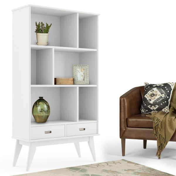 English Elm Draper - Elegant Mid-Century Wide Bookcase & Storage Unit In White For Stylish Home Organization B136P158593