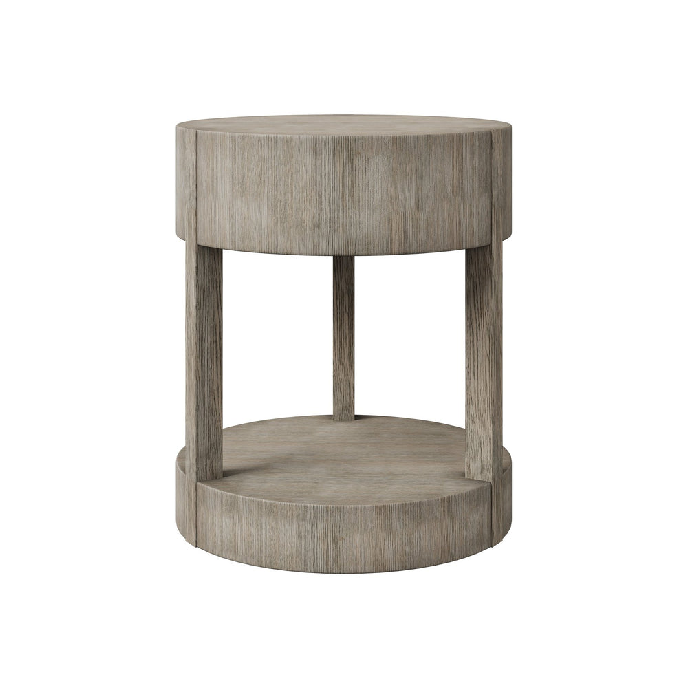 Bernhardt Bernhardt Calder Nightstand In Rustic Gray Quartered Oak — Round Modern Bedside Table W/ Drawer & Shelf 369212