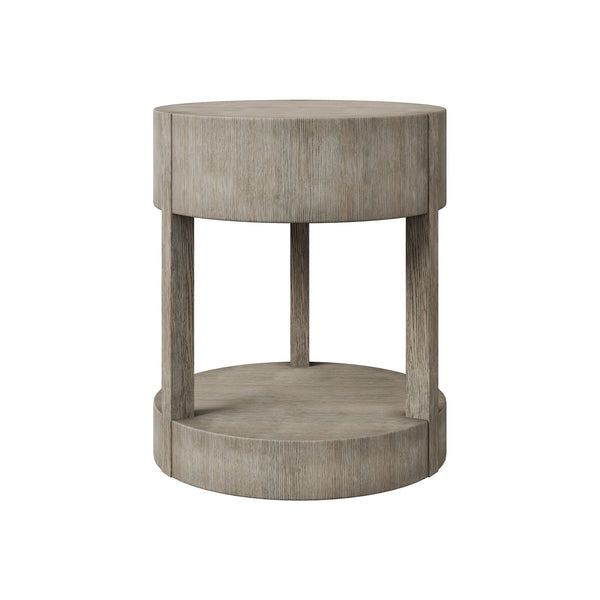 Bernhardt Bernhardt Calder Nightstand In Rustic Gray Quartered Oak — Round Modern Bedside Table W/ Drawer & Shelf 369212