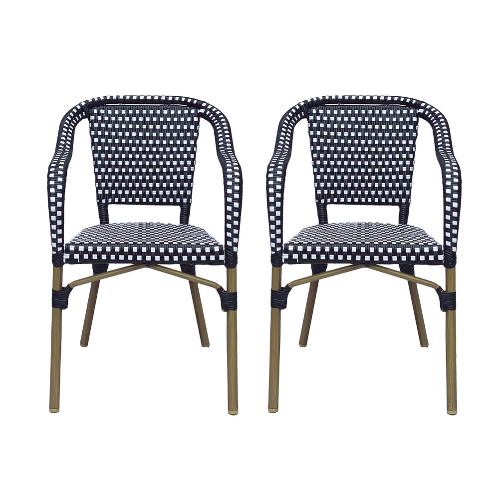 English Elm Bistro Chair Set of 2 French Country Woven Aluminum Outdoor Patio Seating Pair Black White 72906.00BLK