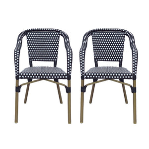 English Elm Bistro Chair Set of 2 French Country Woven Aluminum Outdoor Patio Seating Pair Black White 72906.00BLK