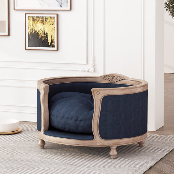 English Elm Pet Bed with Tufted Cushion Solid Birch Turned Legs Upholstered Living Room Sofa Style Navy Blue 72913.00NBLU