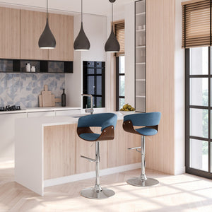 English Elm Sheldon Adjustable Swivel Bar Stool with Gas Lift and Walnut Bentwood Frame, Mid-Century Modern Design Blue B136P159602