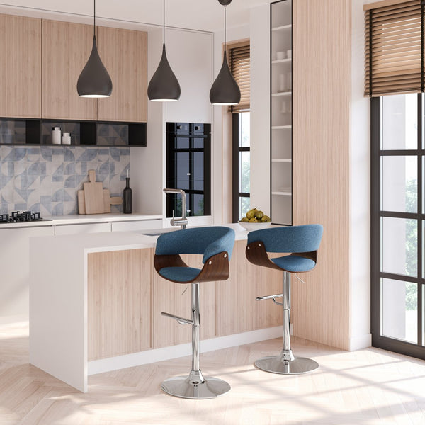 English Elm Sheldon Adjustable Swivel Bar Stool with Gas Lift and Walnut Bentwood Frame, Mid-Century Modern Design Blue B136P159602