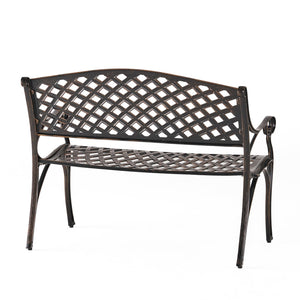 English Elm Spencer Cast Aluminum Outdoor Bench Antique Copper Finish Scrolled Arms Garden Patio 50327.00LVS