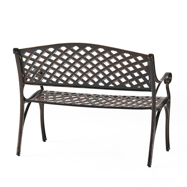 English Elm Spencer Cast Aluminum Outdoor Bench Antique Copper Finish Scrolled Arms Garden Patio 50327.00LVS