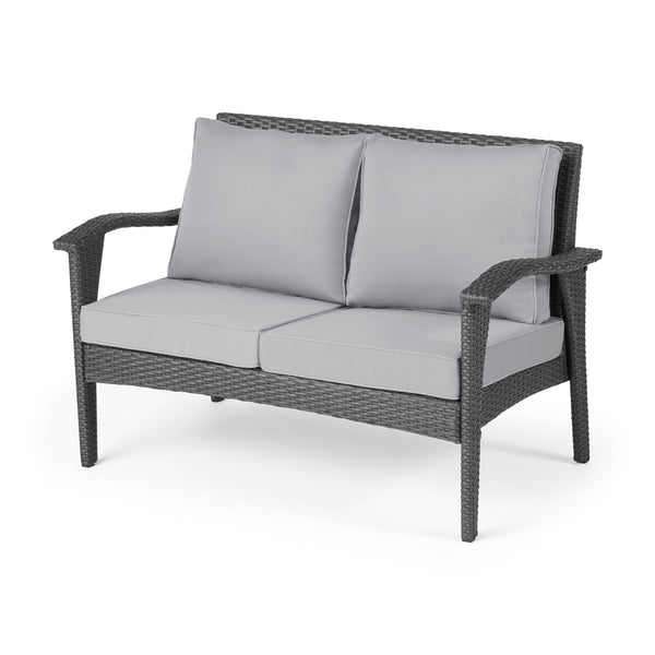 English Elm Christopher Knight Home® - HONOLULU Loveseat Grey Silver PE Rattan Patio Sofa with Iron Frame, Waterproof Cushions, Compact 44.25"L 52919.00IRNGRY