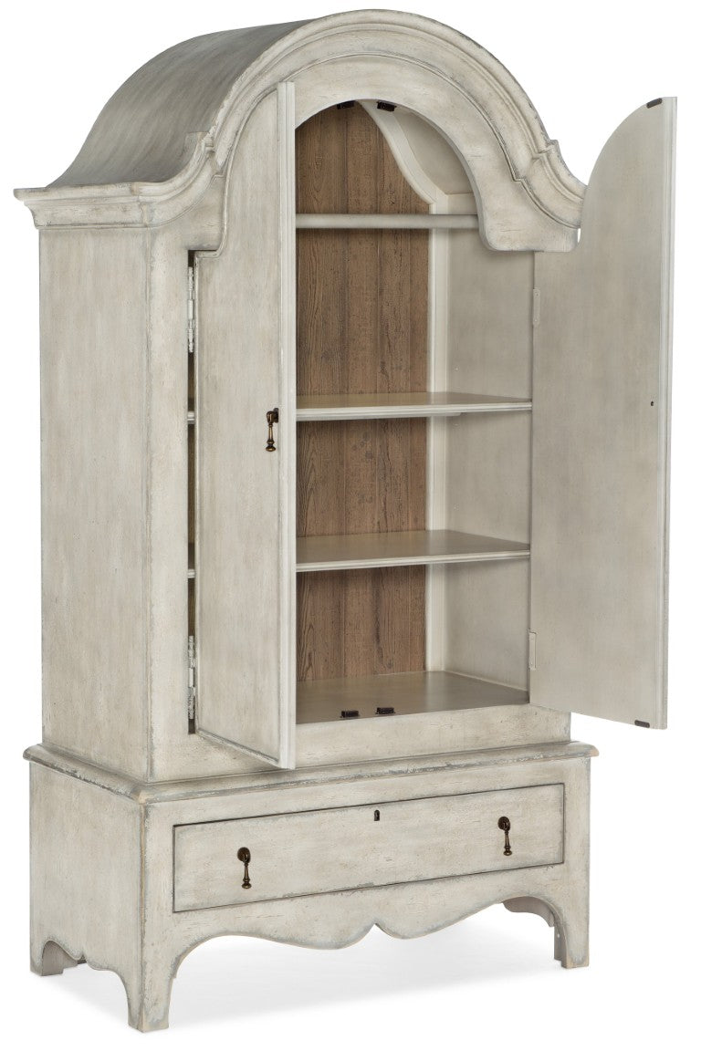 Hooker Furniture Ciao Distressed Cream Wardrobe With Adjustable Shelves, Hanging Rod & Drawer — Cottage Chic Storage 5805-90013-94