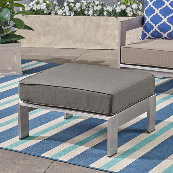 English Elm Christopher Knight Home® - CAPE Coral Ottoman - Khaki Aluminum Frame, Weather-Resistant Polyester Cushion, Silver Finish, Compact Seat 64414.00