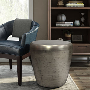 English Elm Garvy - Handcrafted Antique Silver Metal Side Table With Drum Design For Modern Industrial Spaces B136P158981