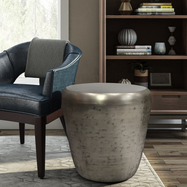 English Elm Garvy - Handcrafted Antique Silver Metal Side Table With Drum Design For Modern Industrial Spaces B136P158981