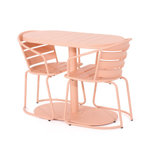 English Elm Santa Monica Outdoor Bistro Set Powder Coated Iron Oval Table Two Slat Chairs Patio Coral 62015.00CRL