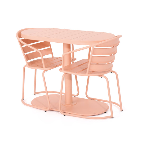 English Elm Santa Monica Outdoor Bistro Set Powder Coated Iron Oval Table Two Slat Chairs Patio Coral 62015.00CRL
