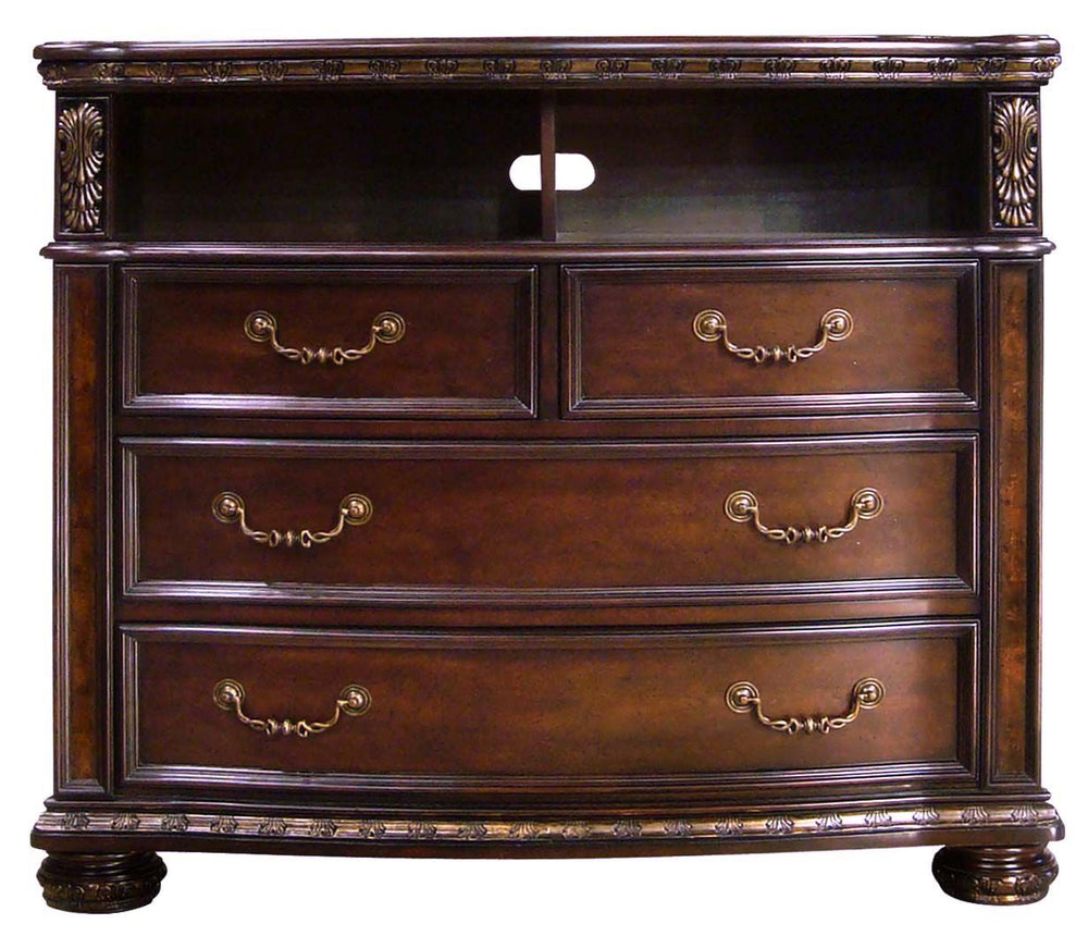 English Elm Steve Silver - Monte Carlo Dark Brown Media Chest – Cherry & Mappa Burl Veneers, Dovetailed Drawers, Antiqued Brass Accents, Felt-Lined Top Drawer (49"L x 39.75"W x 22"H) B081P157353