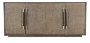 Hooker Furniture Modern Mood Entertainment Console With Quartered Oak Veneers, Raffia Doors, Soft-Close Storage & Power Medium Brown 6850-55482-89