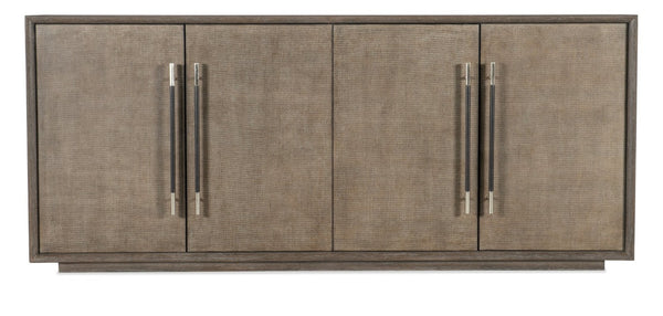 Hooker Furniture Modern Mood Entertainment Console With Quartered Oak Veneers, Raffia Doors, Soft-Close Storage & Power Medium Brown 6850-55482-89