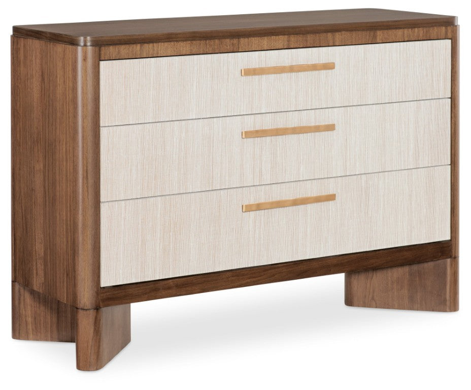 Hooker Furniture Eleana Walnut Three Drawer Chest With Beige Grass-Cloth Fronts, Sunlit Bronze Hardware, Transitional Style 7252-85004-85