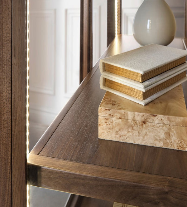 Hooker Furniture Eleana Walnut Display Cabinet With Beveled Glass, Touch Led Lighting, Grass-Cloth Back, Sunlit Bronze Hardware 7252-75906-85
