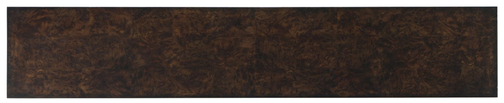 Hooker Furniture Melange Golden Madrone Burl Console Table With Champagne Diamond Fretwork Base, Shelf, Transitional Elegance 638-85290-DKW