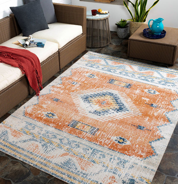 Livabliss Huntington Beach Flatweave Polyester Area Rug Turkish Woven Global Pattern Indoor Outdoor Rust, Navy 6'7" x 9' HTB2306-679