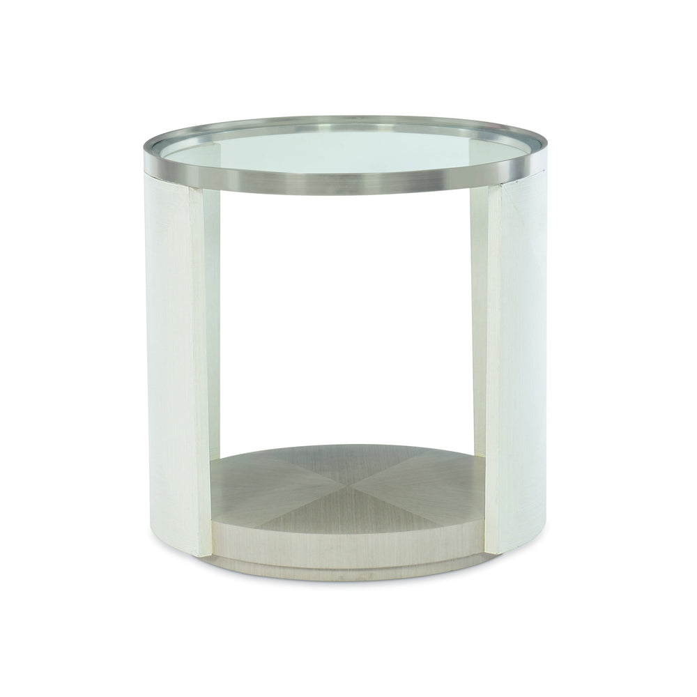 Bernhardt Bernhardt Axiom Sculptural Round Glass Top Chairside Table With Tempered Glass, Stainless Accents And Shelf 381125