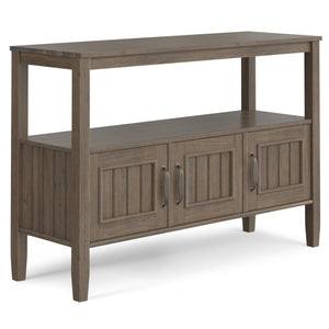 English Elm Lev Smoky Brown Console Table with 3 Doors, Open Shelf & Brushed Bronze Handles — Solid Wood Transitional Design B136P158815