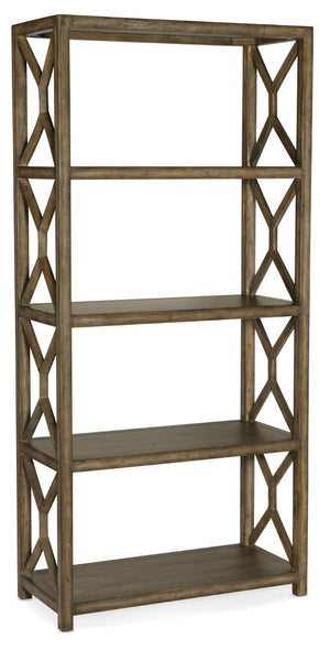 Hooker Furniture Sundance Pecan Etagere With Cliffside Finish — 4 Fixed Shelves, Geometric Fretwork, Coastal Chic 6015-10443-89