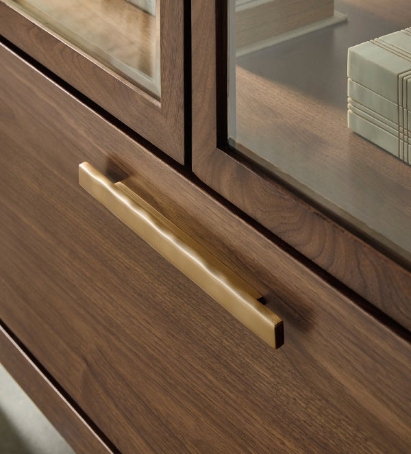 Hooker Furniture Eleana Walnut Display Cabinet With Beveled Glass, Touch Led Lighting, Grass-Cloth Back, Sunlit Bronze Hardware 7252-75906-85