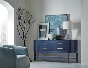 Hooker Furniture Melange Mazarine Credenza With Serpentine Front, Dark-Blue Cherry Veneer, Fluted Legs & Pewter Pulls 628-85152-45