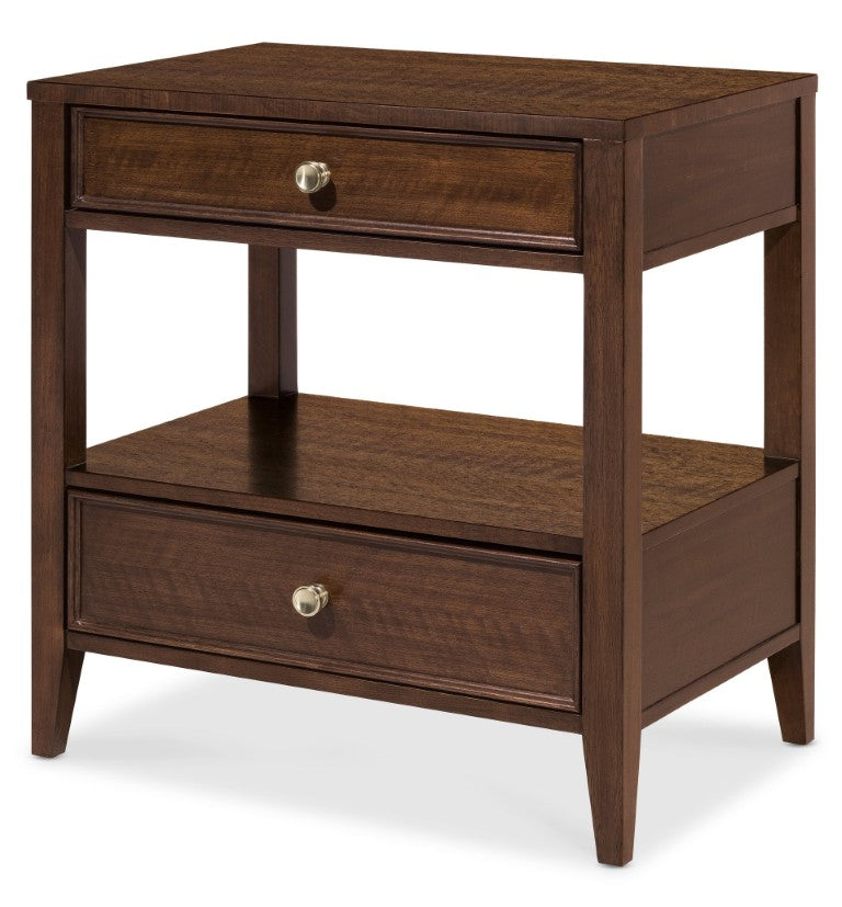 Hooker Furniture Archives Two-Drawer Nightstand In Figured Quartered Walnut With Satin Brass Knobs, Open Shelf Elegance 6123-90115-89