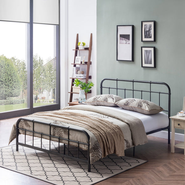English Elm Queen Iron Platform Bed Pipe Style Frame No Box Spring Needed Industrial Loft Bedroom Charcoal Grey 64072.00CHARGRY-Q