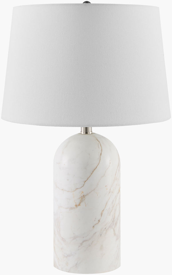 Surya Huriel 24" Marble Accent Table Lamp - Elegant Arts & Crafts Design With Linen Shade For Classy Spaces Body, White,Shade (Outside), Cream,Shade (Inside), White,Finial, Metallic ,Nickel,Harp, Metallic ,Nickel,Cord, Translucent Marble,Linen,Iron Hur-002