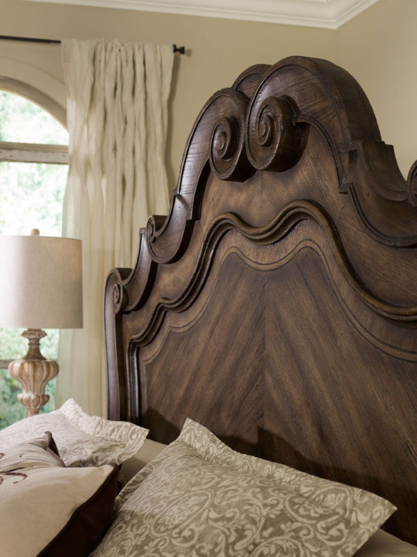 Hooker Furniture Rhapsody French-Antique Inspired California King Panel Bed With Chevron Pecan Veneer & Distressed Walnut Finish 92.75 L x 89.75W x 80.75H 5070-90266