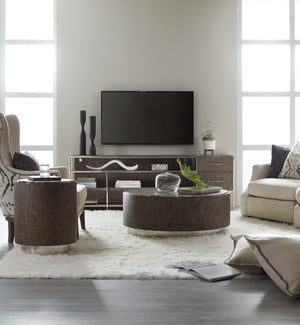 Hooker Furniture Storia Round End Table With Greige Wire-Brushed Oak Veneer, Distressed Finish & Steel Accents For Modern Spaces 1609-80116-MWD